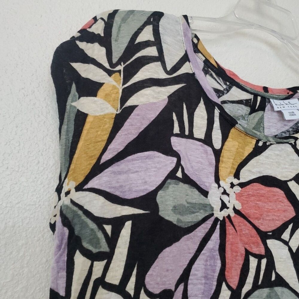 Nicole Miller Women’s Multicolor Floral Round‎ Neck Short Sleeve Linen Blouse M - Picture 4 of 16